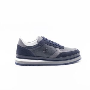 Erkek Hakiki Deri Beyaz Kalın Taban Sneaker Lacivert - 44